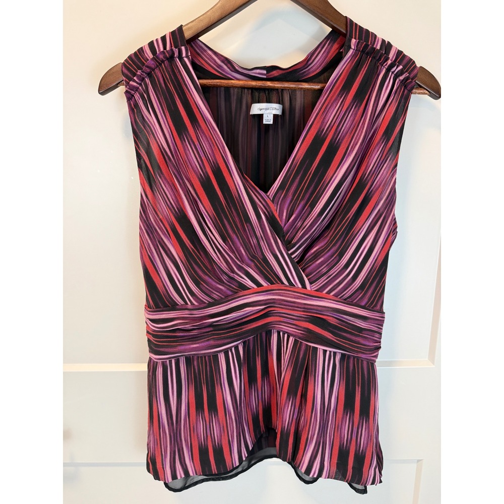 Classiques Entier Silk Chiffon Sheer Sleeveless Wrap Top Pink Multi Peplum Sz L